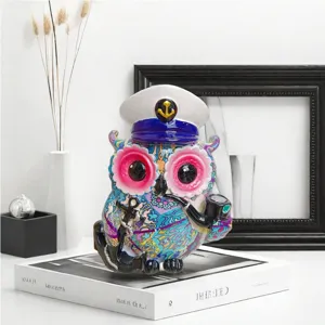 Creative resin pirate owl figurine, colorful desktop ornament for study and office decor.