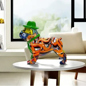 Colorful graffiti resin French bulldog figurine wearing a green hat for home office desk decor