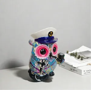 Creative resin owl figurine with sailor hat and pipe, colorful desktop decor for study room.