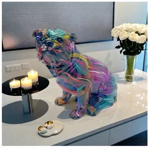 Detailed close-up view of the colorful resin French bulldog figurine in modern home setting.