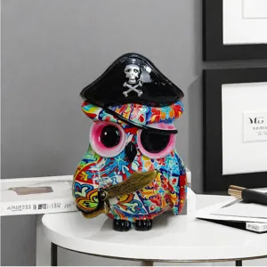 Colorful resin pirate owl figurine, creative desktop ornament for office and study room decor.