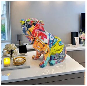 Colorful graffiti French bulldog resin craft ornament, modern home decor statue for living room.