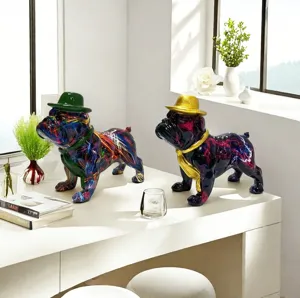 Colorful hatted standing bulldog resin ornament, creative home and office desk decor item.