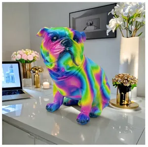 Colorful resin French bulldog statue home decor sculpture for living room entryway table.