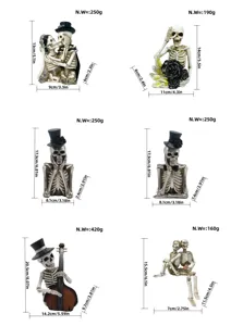 Halloween themed cartoon resin skeleton figurine ornament detail size and weight chart.