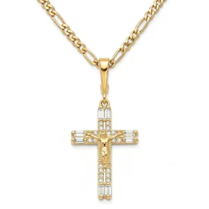 Modern Minimalist Gold Plated Brass Cross Pendant Necklace Micro Inlaid Zirconia Figaro Chain Religious Jewelry For Women