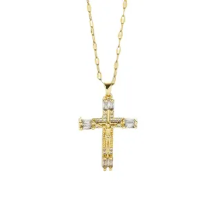 Gold cross pendant necklace with sparkling cubic zirconia micro pave details for women style