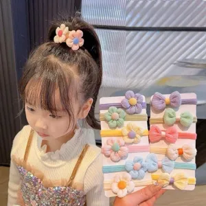Flower bow hair ties set detail view, cute hair accessories, high elasticity for daily wear.