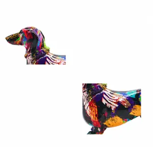 Colorful resin dachshund dog figurine detail, abstract graffiti art sculpture for home decor.