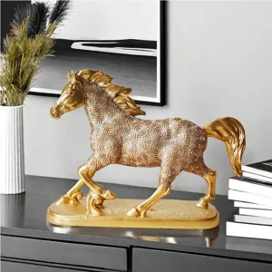 Golden running horse sculpture for home decor, modern luxury resin craft ornament desktop
