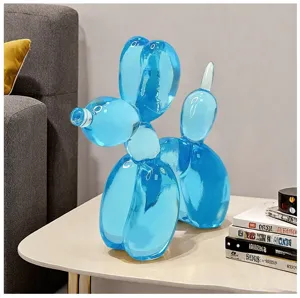 Blue translucent resin balloon dog sculpture, modern home decor ornament for living room office.