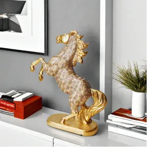 Gold horse sculpture for home decor, resin animal statue for living room and office desk.