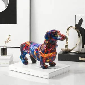 Colorful graffiti dachshund dog figurine, modern resin art sculpture for office or home decor.