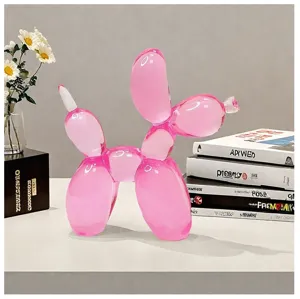 Translucent pink balloon dog sculpture, Nordic resin animal figurine for home decor.