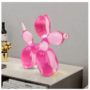 Translucent pink balloon dog resin sculpture ornament for modern home and office desktop decor.