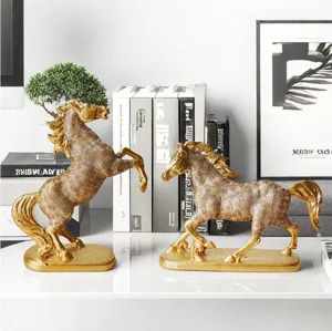 Exquisite golden horse figurine pair for home decor, resin running horse sculpture ornament