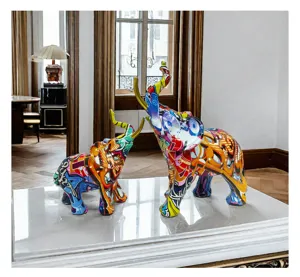 Colorful graffiti resin elephant figurine set for living room home decor details view.