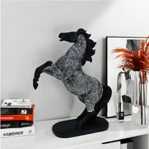 Resin rearing horse sculpture figurine home decor black and white geometric pattern ornament