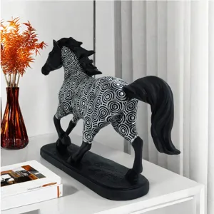 Geometric pattern running horse ornament for home office decor, elegant resin craft figurine.