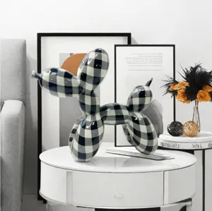 Nordic resin balloon dog sculpture black and white plaid tabletop decor home ornament.