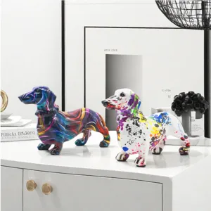Colorful resin dachshund dog figurine detail, modern abstract art style for desktop decor.