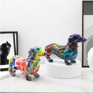 Colorful graffiti dachshund sculpture, modern resin dog figurine for home and office desktop decor.