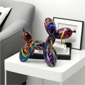 Graffiti balloon dog resin sculpture detail, modern Nordic home tabletop decor ornament.