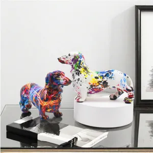 Colorful graffiti dachshund resin statue, modern abstract art animal figurine for home decor.
