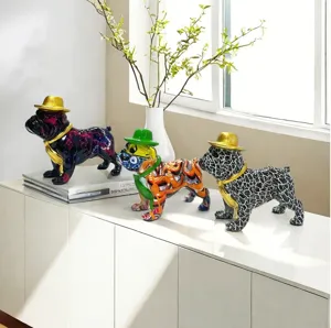 Colorful graffiti resin French bulldog figurine with hat, perfect for modern home desk decor.