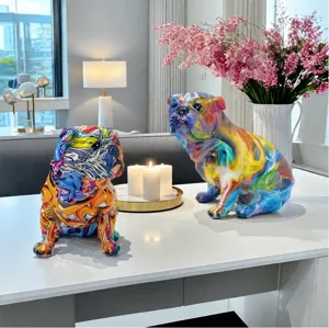 Colorful resin French bulldog statue, creative graffiti dog ornament for living room decor.