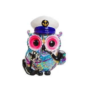 Resin captain owl figurine with anchor and pipe, creative desktop ornament for home study decor.