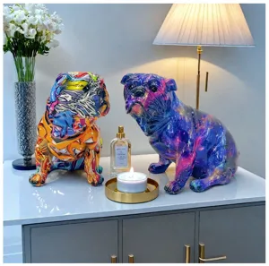 Detail view of colorful graffiti and galaxy resin French bulldog figurine home decor ornament.