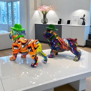 Colorful graffiti resin bulldog figurine with green hat, modern home decor ornament gift.