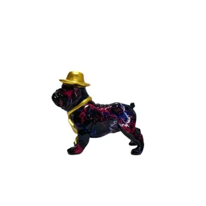 Colorful hydro-dipped resin French bulldog figurine with hat, perfect for home and office decor.
