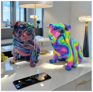 Colorful French bulldog resin figurine detail view, modern home decorative ornament for living room.