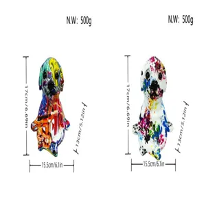 Vista dimensionale dettagliata del salvadanaio in resina cane yoga colorato, 17cm.