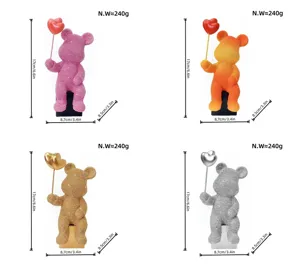 Sparkling rhinestone bear statue holding heart balloon resin ornament for desktop decor