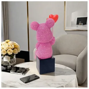 Modern pink rhinestone bear resin ornament with heart balloon for home desktop decor.