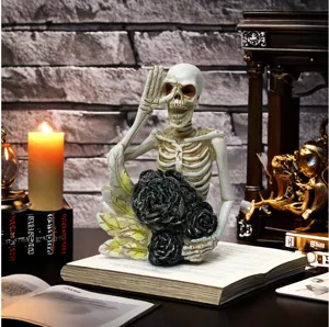 Halloween gothic resin skeleton figurine holding black roses for spooky home party decor.