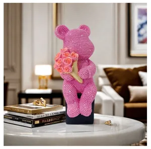 Luxury pink rhinestone bear figurine holding roses resin home decor ornament detail view