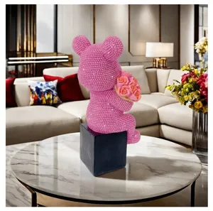 Rhinestone pink bear sculpture with flower bouquet, resin luxury home decor living room ornament.