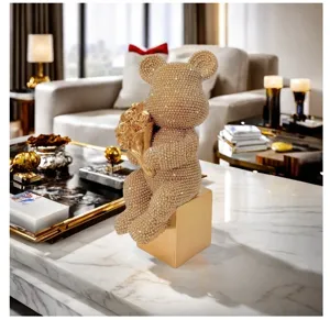 Luxury rhinestone bear figurine detail, modern resin animal ornament for home decor and desk.