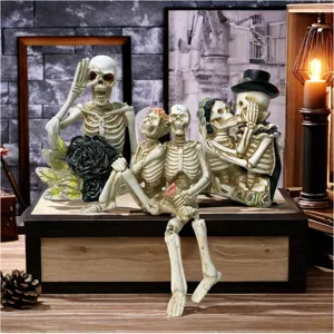 Halloween cartoon skeleton resin figurine couple set spooky ghost house desktop decoration.