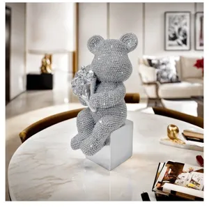 Modern silver crystal bear figurine resin craft luxury home decor living room tabletop ornament