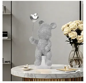 Rhinestone bear figurine with heart balloon table decor modern resin ornament for home office desk.