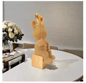 Modern European luxury rhinestone golden balloon bear resin ornament for home office desktop decor
