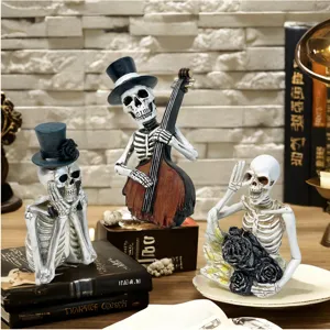 Halloween resin skeleton figurine details, spooky ghost house tabletop decoration props set.