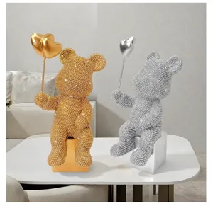 Rhinestone bear sculpture with heart balloon, modern resin home decor for office and desk.