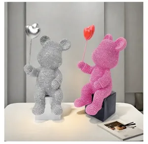Modern resin rhinestone bear figurine with heart balloon for office home desktop desk decor.