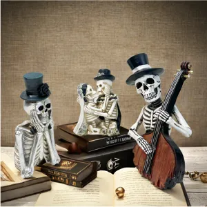 Halloween cartoon skeleton resin figurine set, spooky gothic home tabletop decor ornament.